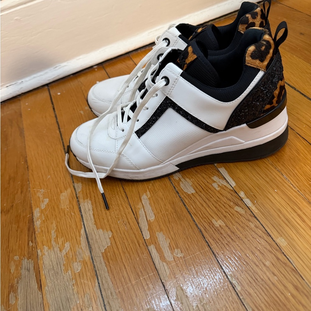 Michael Kors White and Black Sneakers with Leopard Accent - Picture 4 of 7